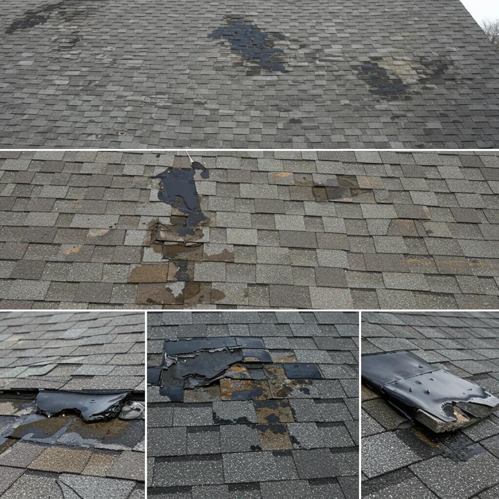 Close-up of common roof problems including missing shingles and water damage
