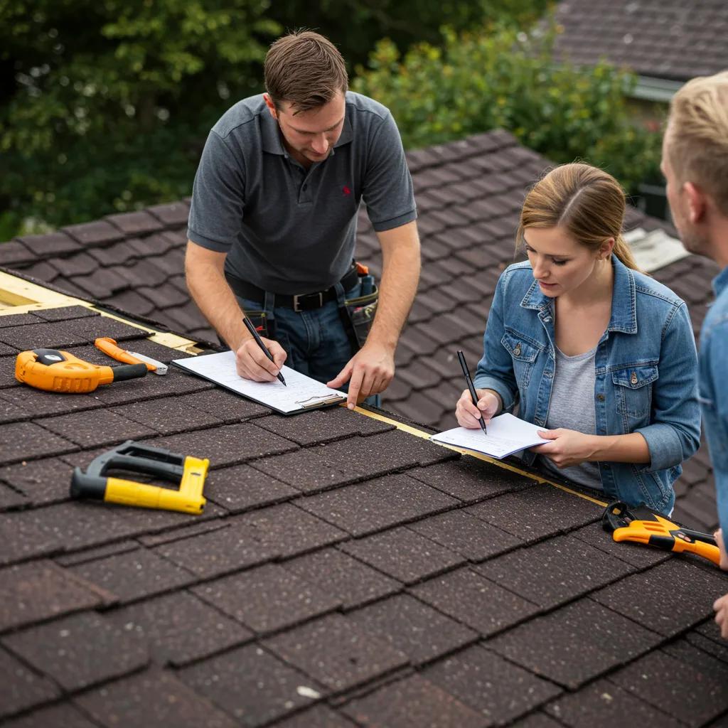 Contractor inspecting a roof and discussing repair options with a homeowner