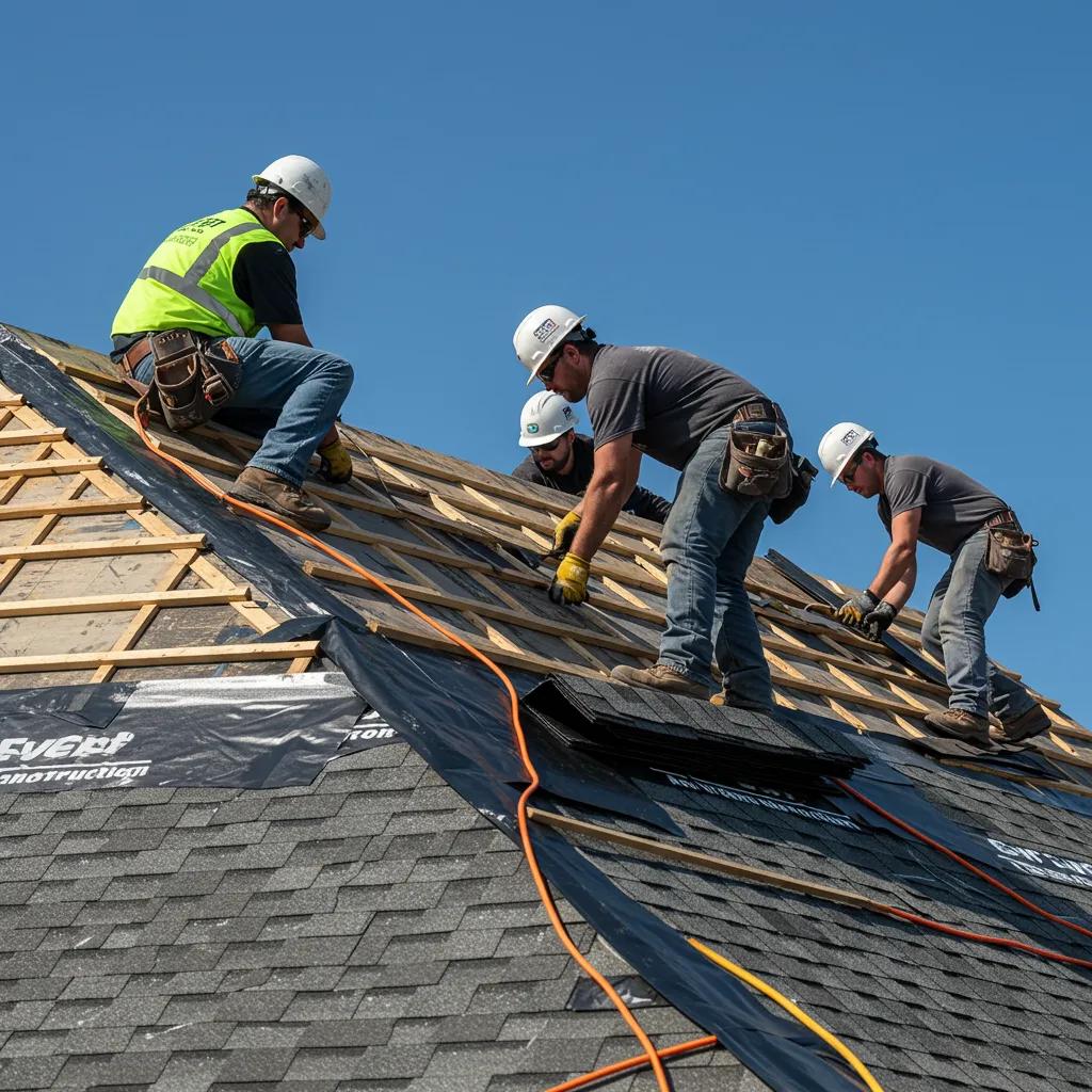 Evert Construction crew demonstrating quality craftsmanship during a roof installation in Okemos
