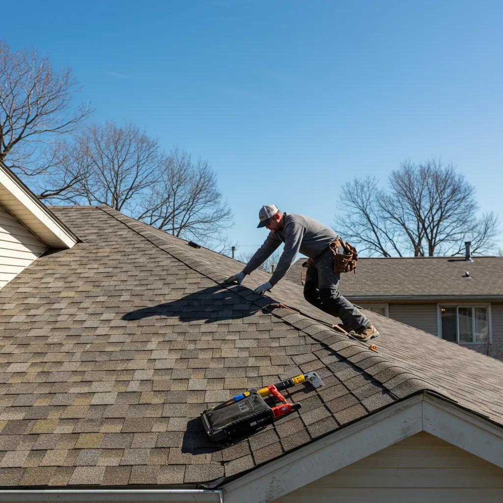 Professional roofing contractor inspecting a residential roof in Okemos, highlighting quality roofing services