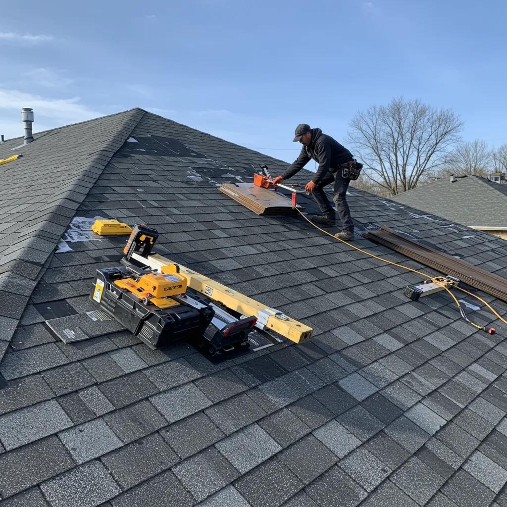 Residential roof repair in progress with a contractor working on shingles