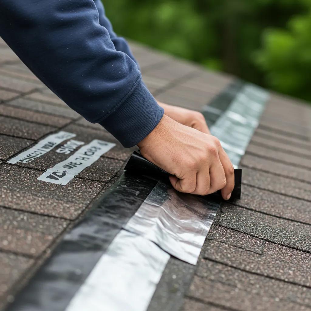 Technician performing a leak repair on a roof, showcasing key repair services offered by Evert Construction in Okemos