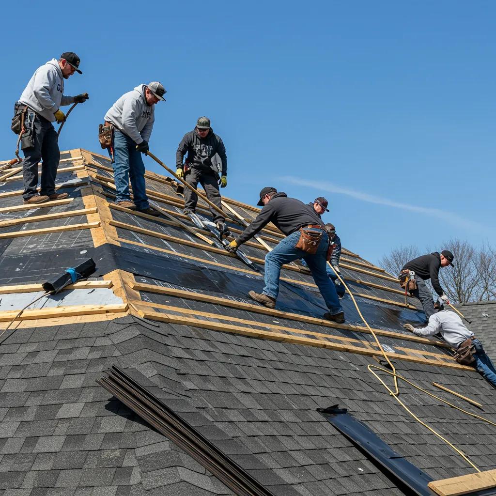 Professional roofing team installing a roof in Okemos, highlighting quality craftsmanship and teamwork
