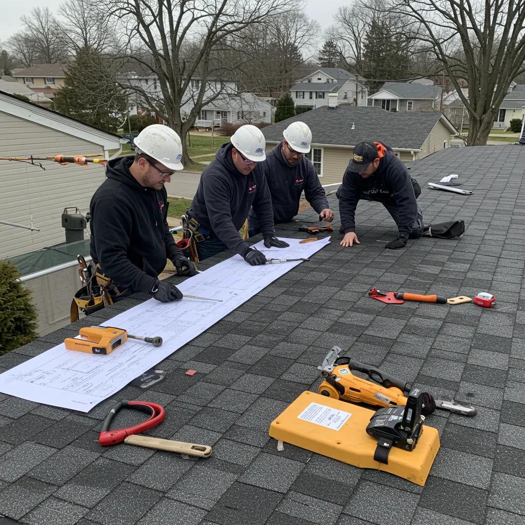 Roofing crew inspecting a residential roof in Okemos, focusing on quality and material selection