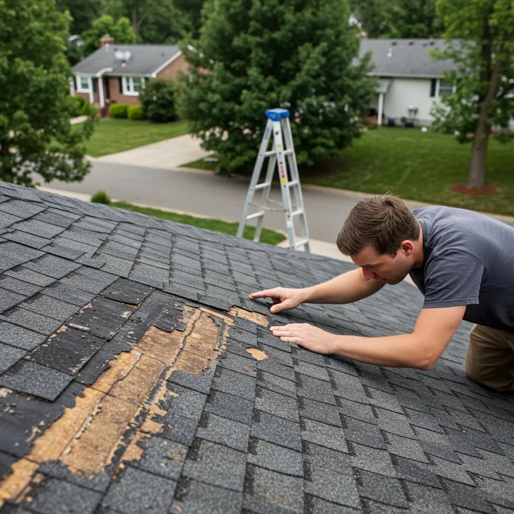 Close-up of a damaged roof with missing shingles and a homeowner inspecting from a ladder