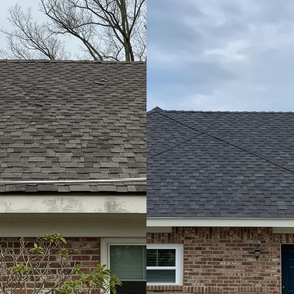 Comparison of a worn-out roof and a newly installed roof, showcasing the benefits of replacement