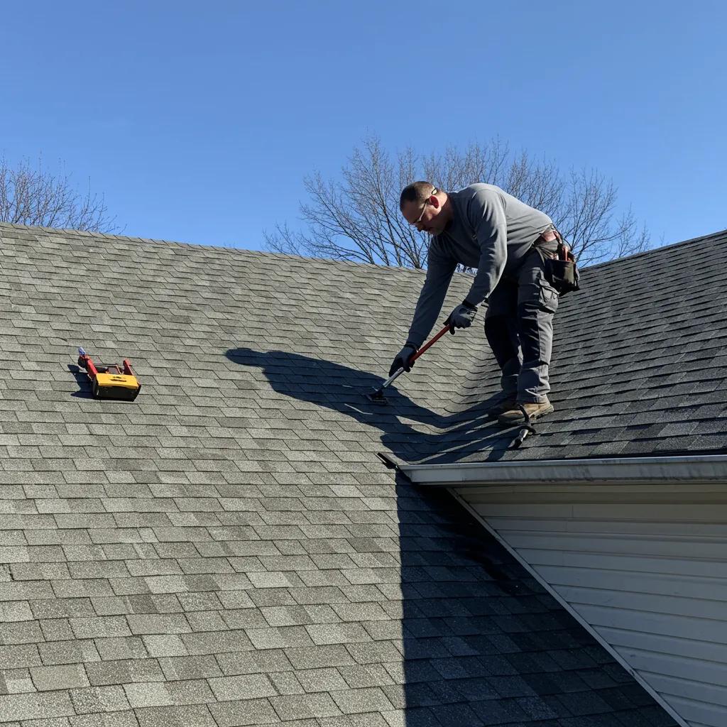 Professional roofing contractor inspecting a residential roof in Okemos, Michigan