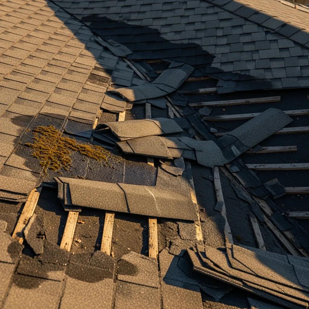 Close-up of a damaged roof showing missing shingles and water stains