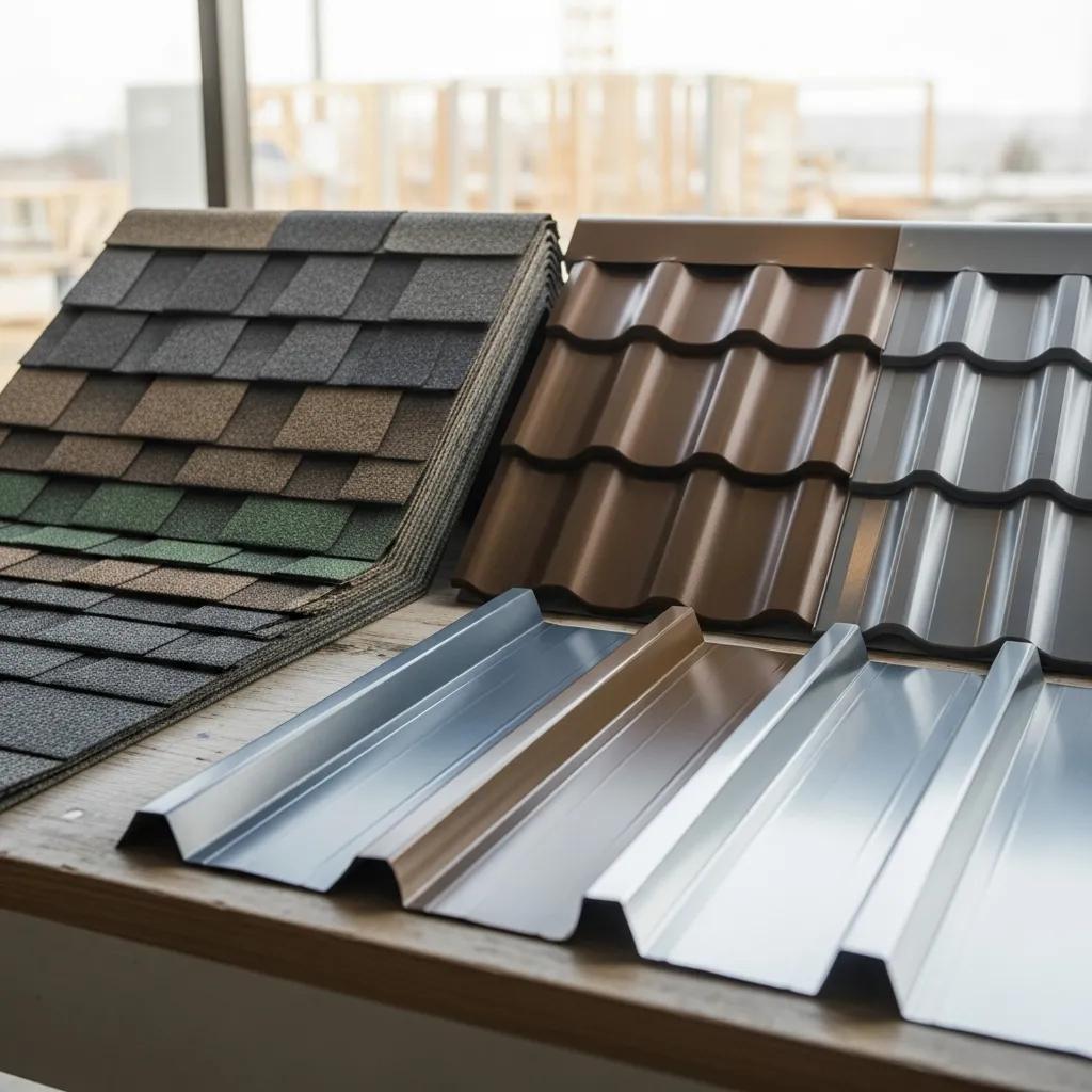 Display of roofing materials including asphalt shingles and metal roofing samples for residential roofs
