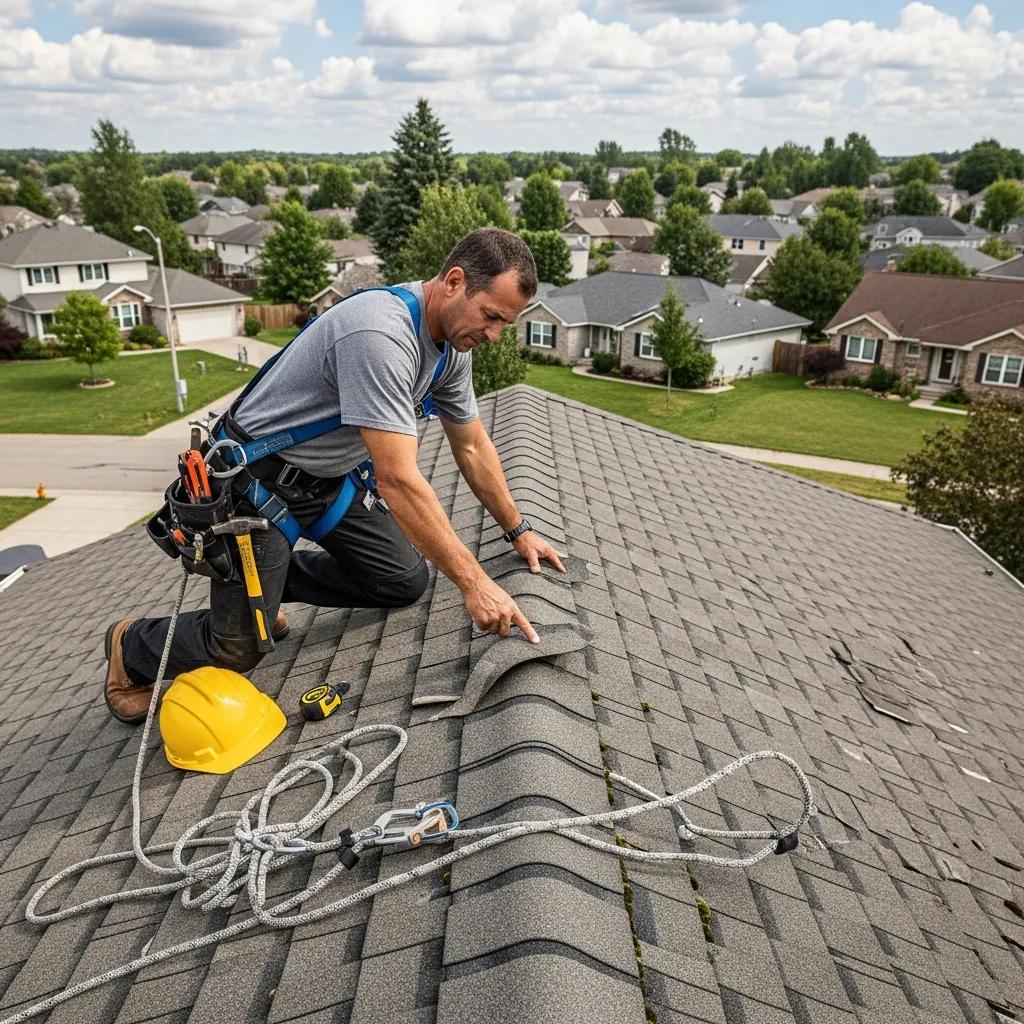 Professional roofer inspecting a residential roof for damage, highlighting roof repair services