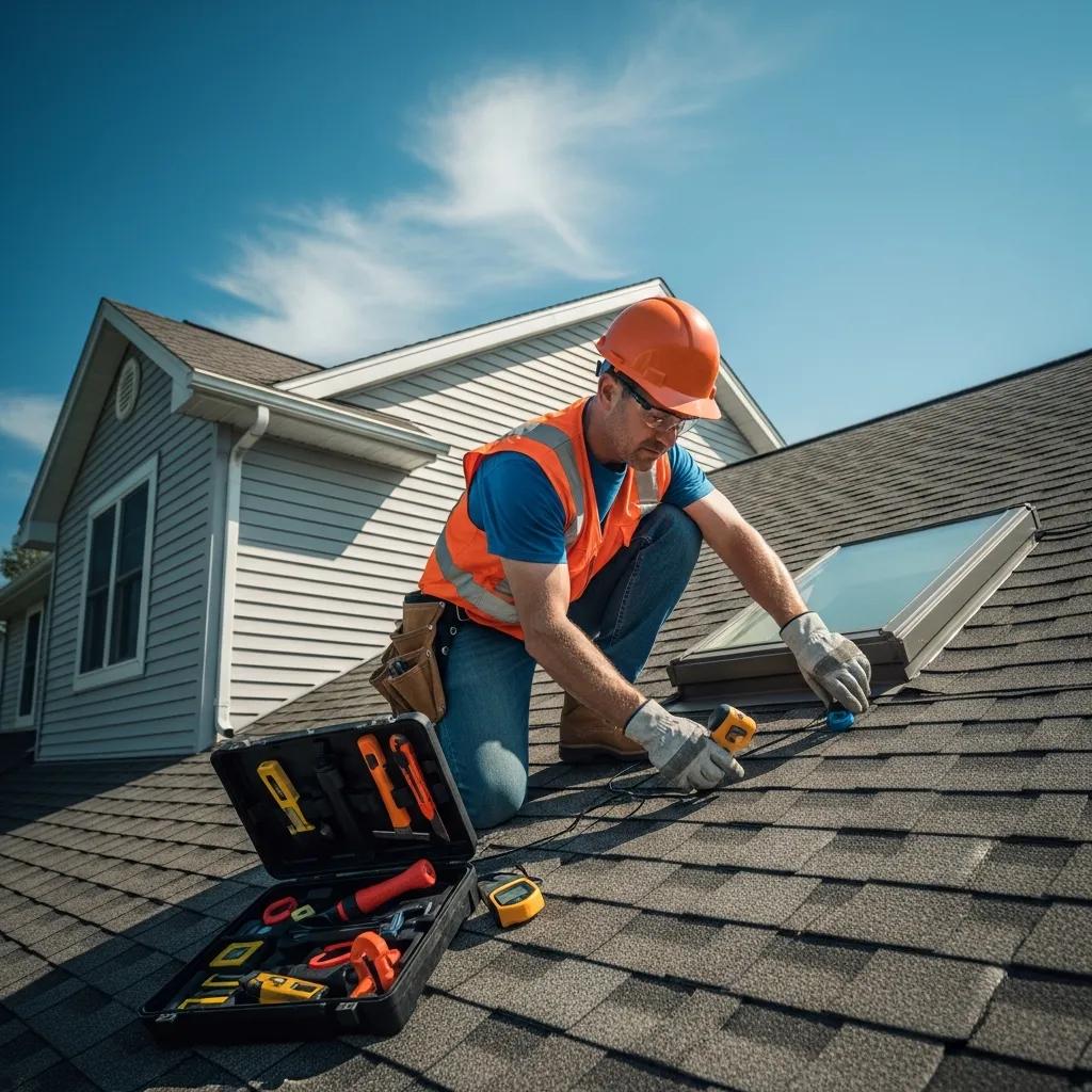 Professional roofing contractor inspecting a residential roof in Okemos, MI, highlighting premium roofing services