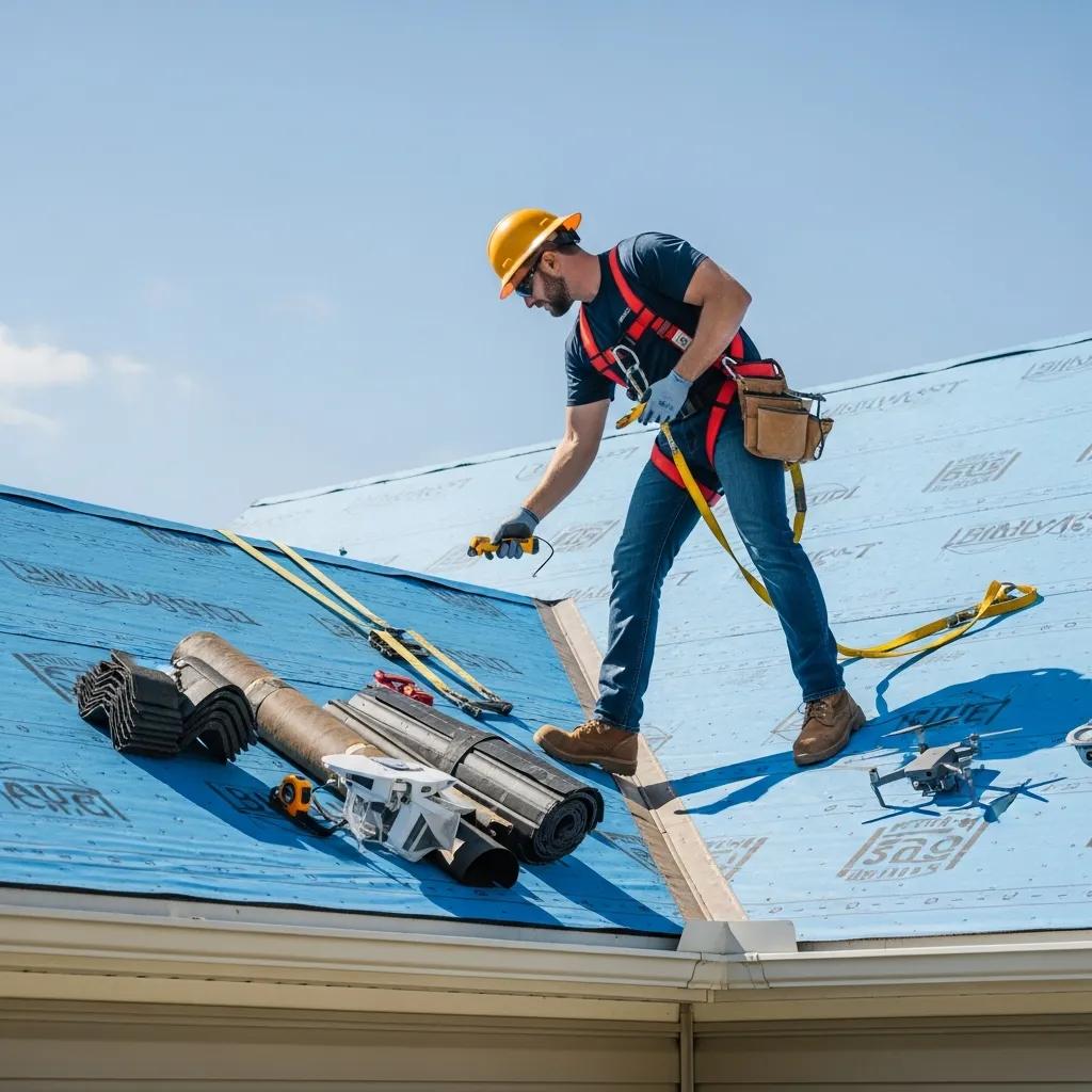 Residential roofing contractor inspecting a roof in East Lansing, MI, emphasizing quality and trust