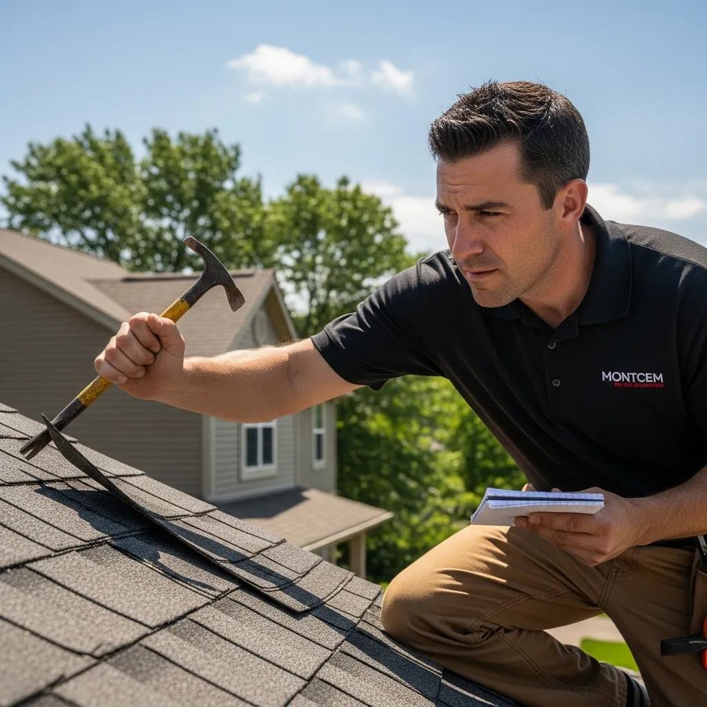 Roofing contractor inspecting shingles for damage on a residential roof in Holt, MI