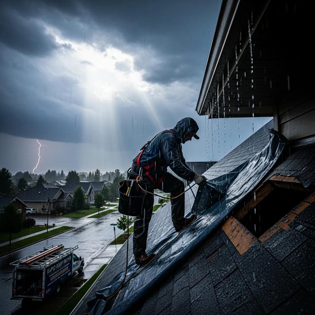 Roofing contractor performing emergency repairs during a rainstorm, emphasizing urgency and reliability