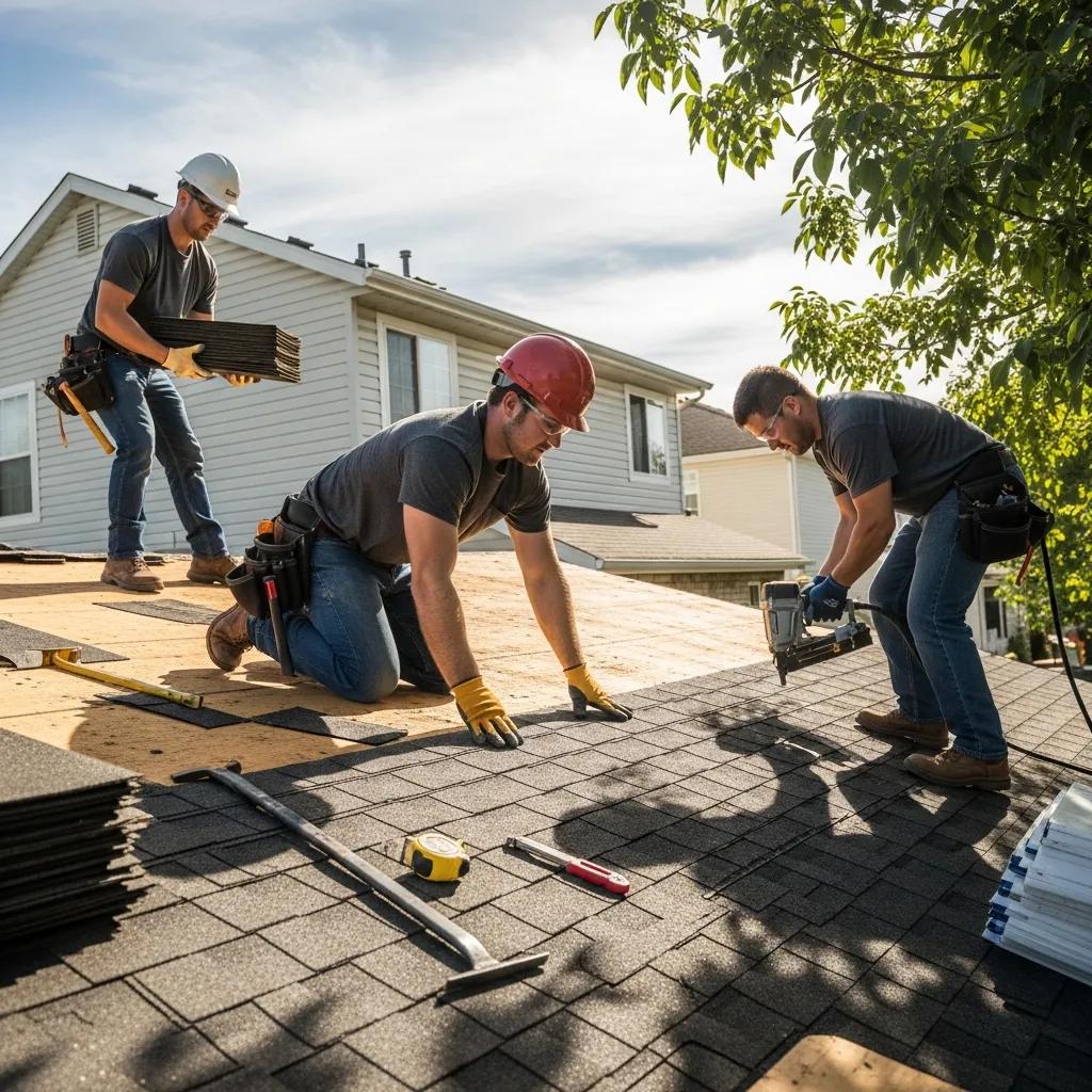Roofing team repairing a residential roof, demonstrating the importance of roof replacement and repair services