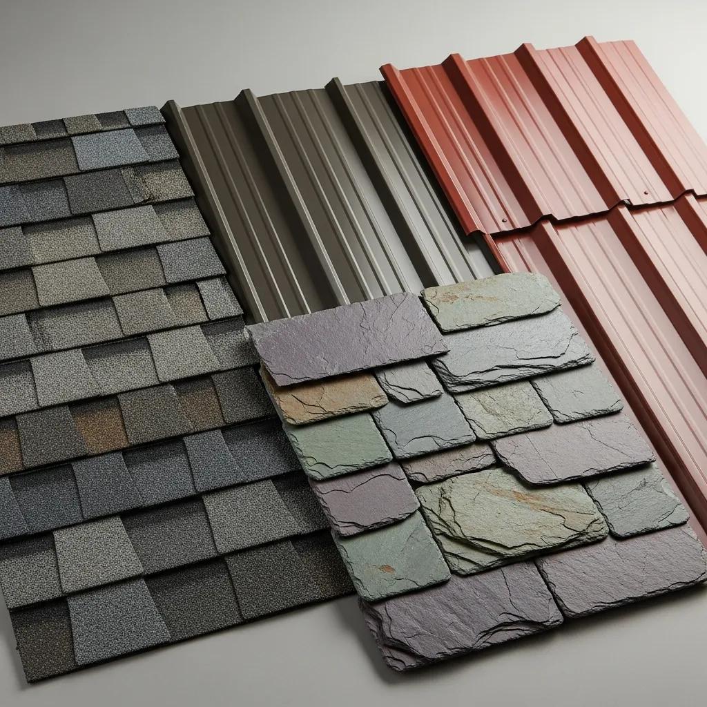 Samples of roofing materials including asphalt shingles, metal roofing, and slate tiles