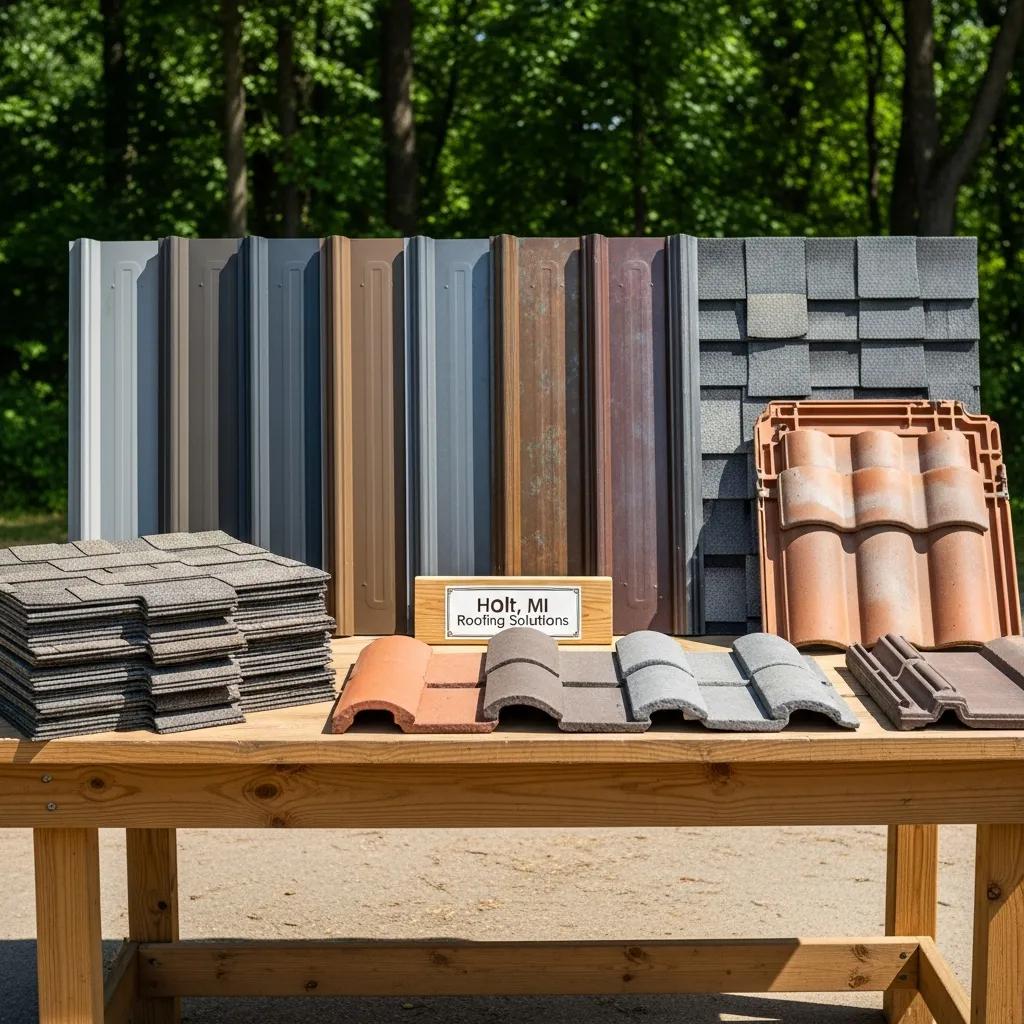 Variety of roofing materials including asphalt shingles, metal panels, and tile samples for Holt homes