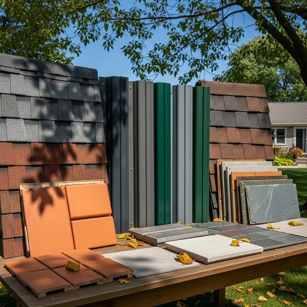 Variety of roofing materials including asphalt shingles, metal panels, and tiles for roof replacement options