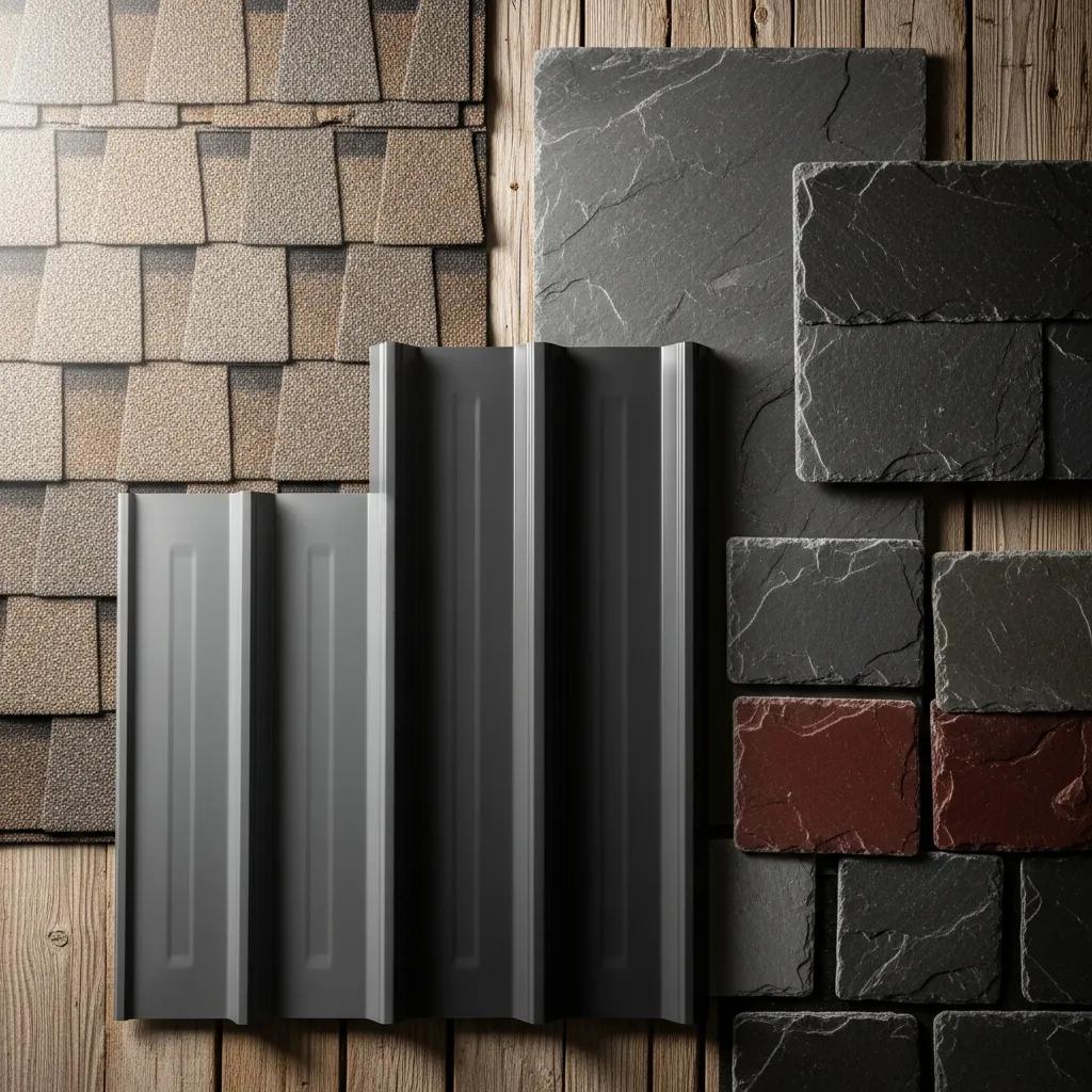 Variety of roofing materials including asphalt shingles, metal roofing, and slate tiles suitable for Michigan homes