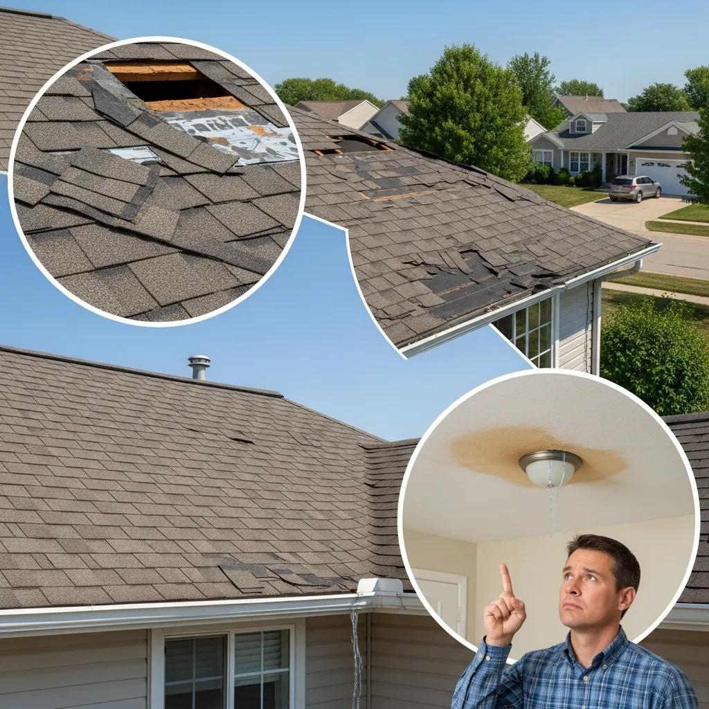 Common signs of roof damage including missing shingles and water stains