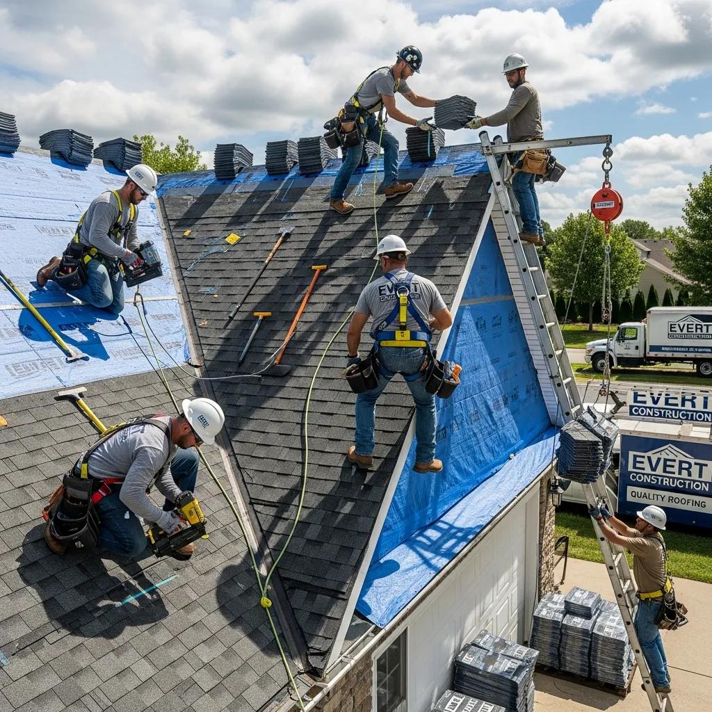 Evert Construction team installing roofing materials on a residential home, showcasing their roofing services