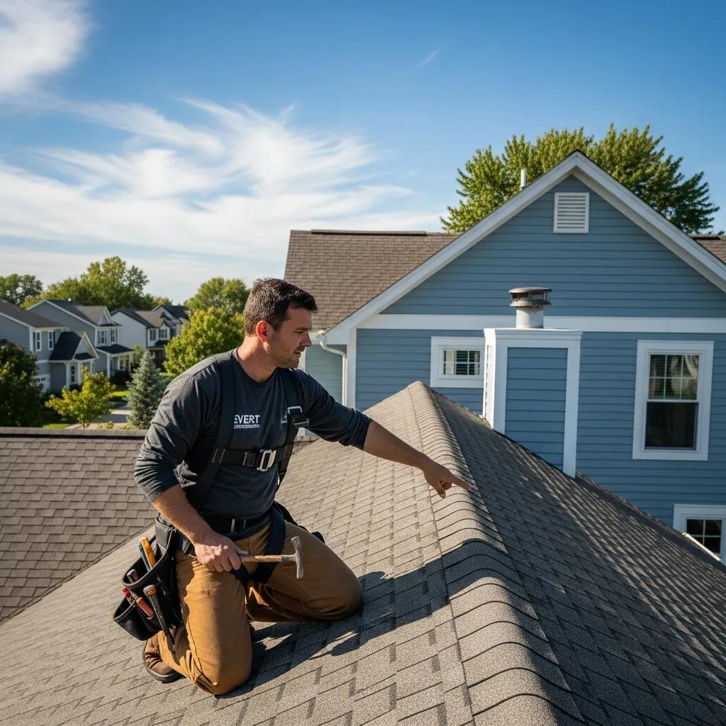 Professional roofing contractor inspecting a residential roof in Lansing, MI