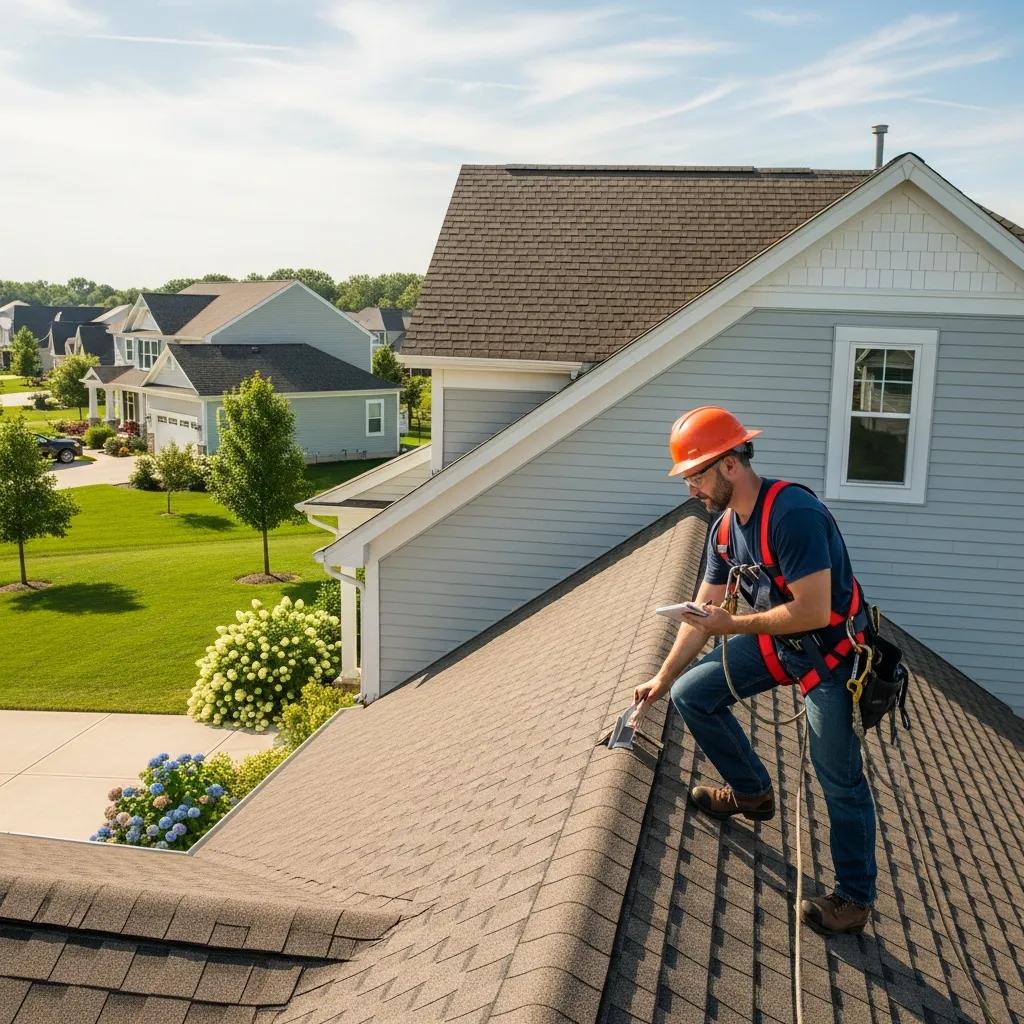 Professional roofing contractor inspecting a residential roof in Mason, MI