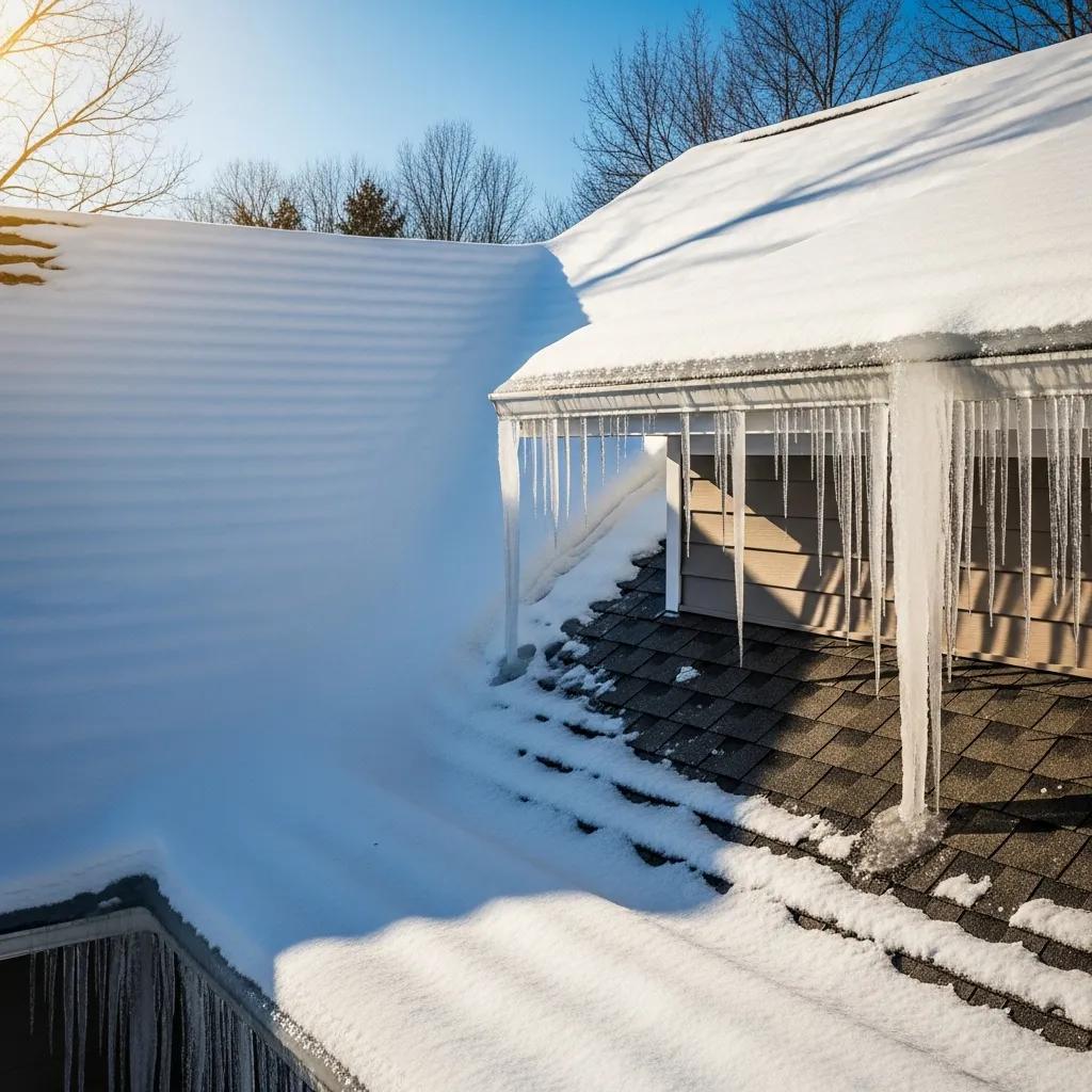 Roof affected by Michigan weather, showcasing snow and ice, highlighting the need for maintenance and longevity