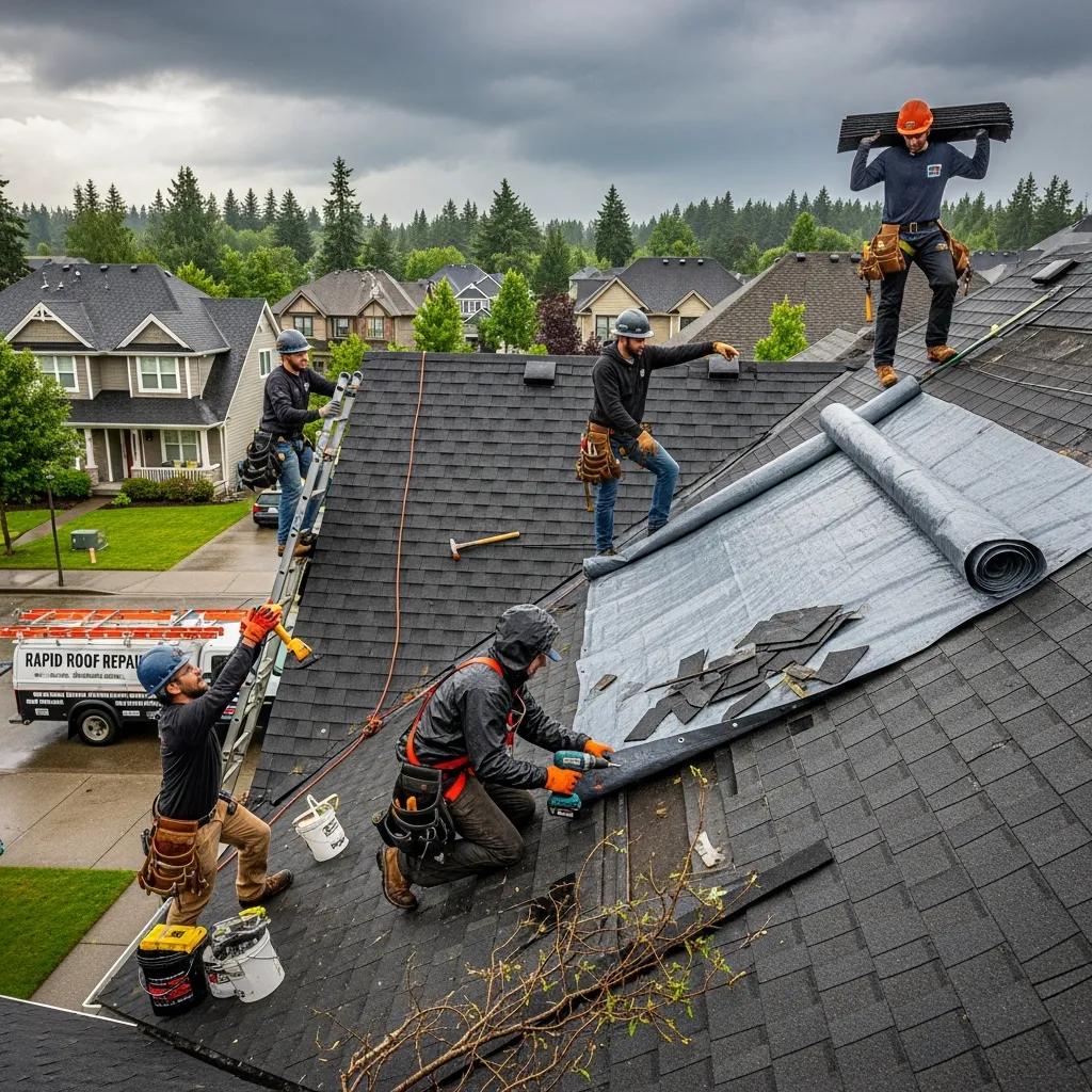 Roofing professionals handling an emergency roof repair situation